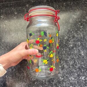 Vintage Anchor Hocking Large Fruit Print Glass Jar Red Wire Bail Lid Canister